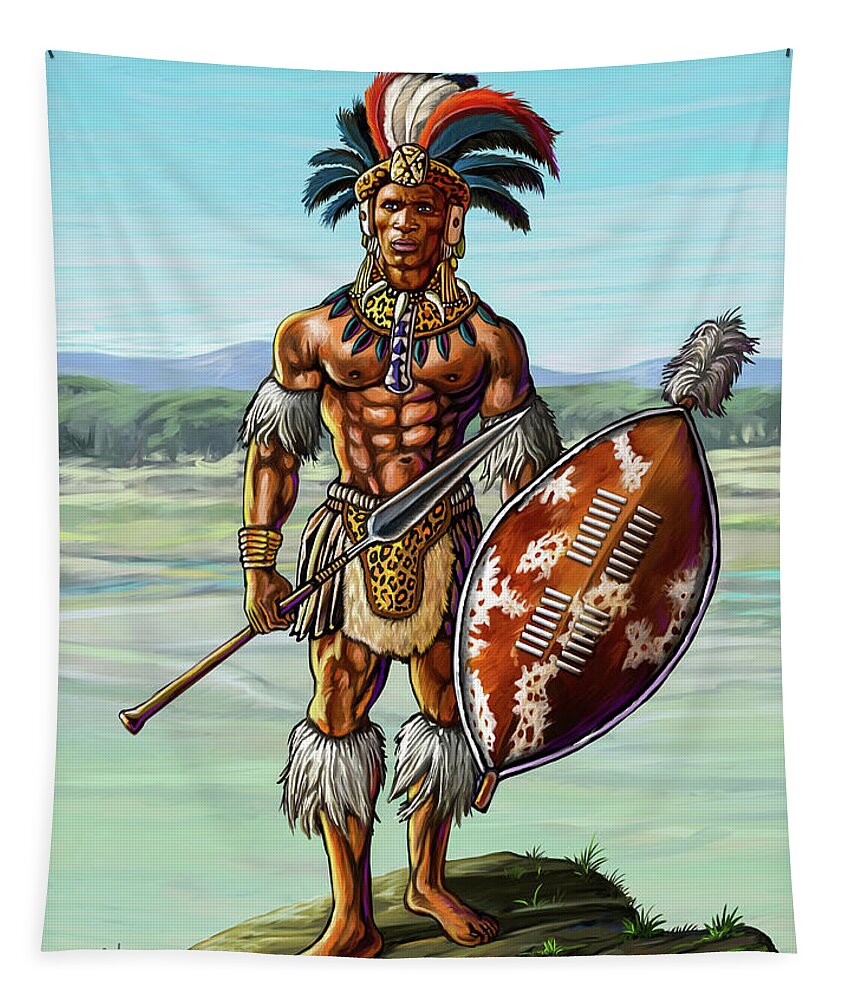 Shaka Tapestry featuring the painting Warrior King Shaka Zulu by Anthony Mwangi