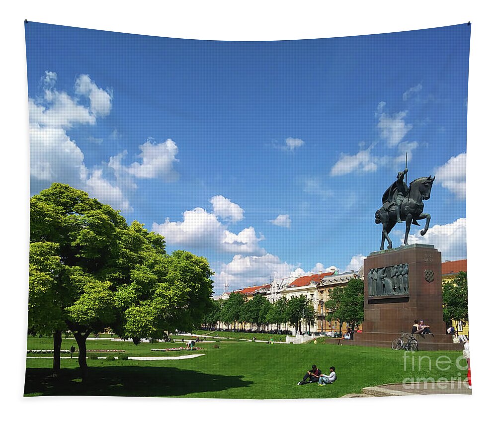Square Tapestry featuring the photograph King Tomislav Square I by Jasna Dragun