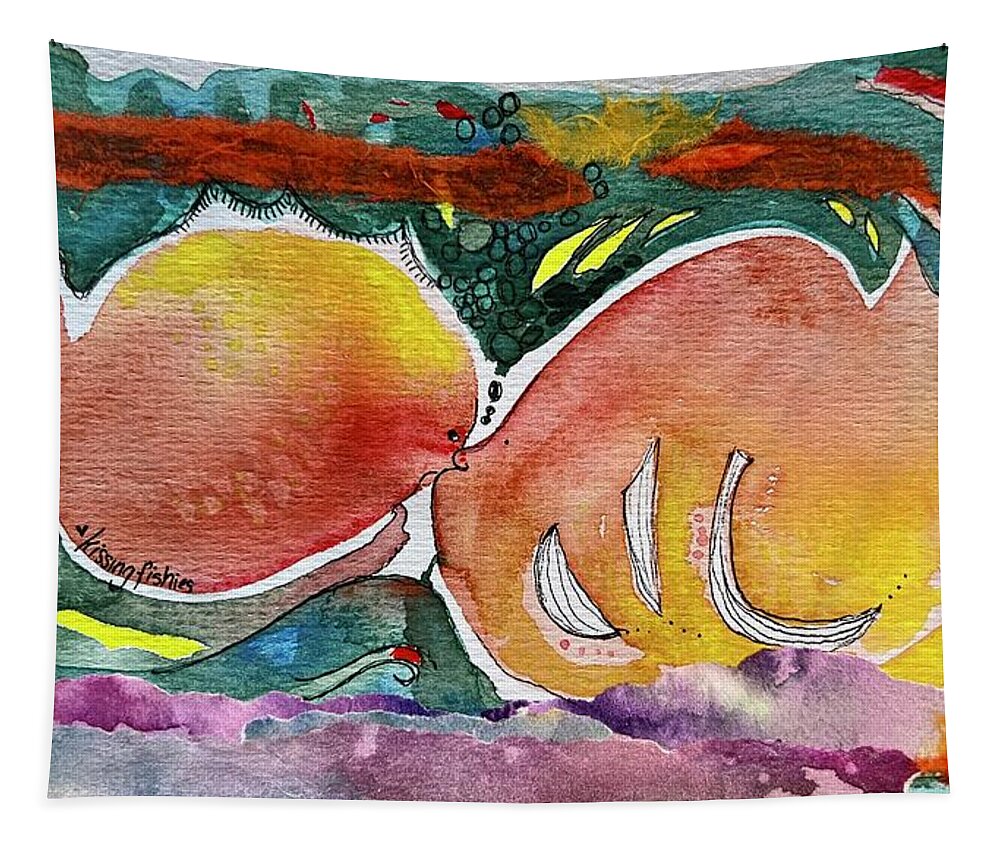  Tapestry featuring the painting Kissy Fishy by Theresa Marie Johnson