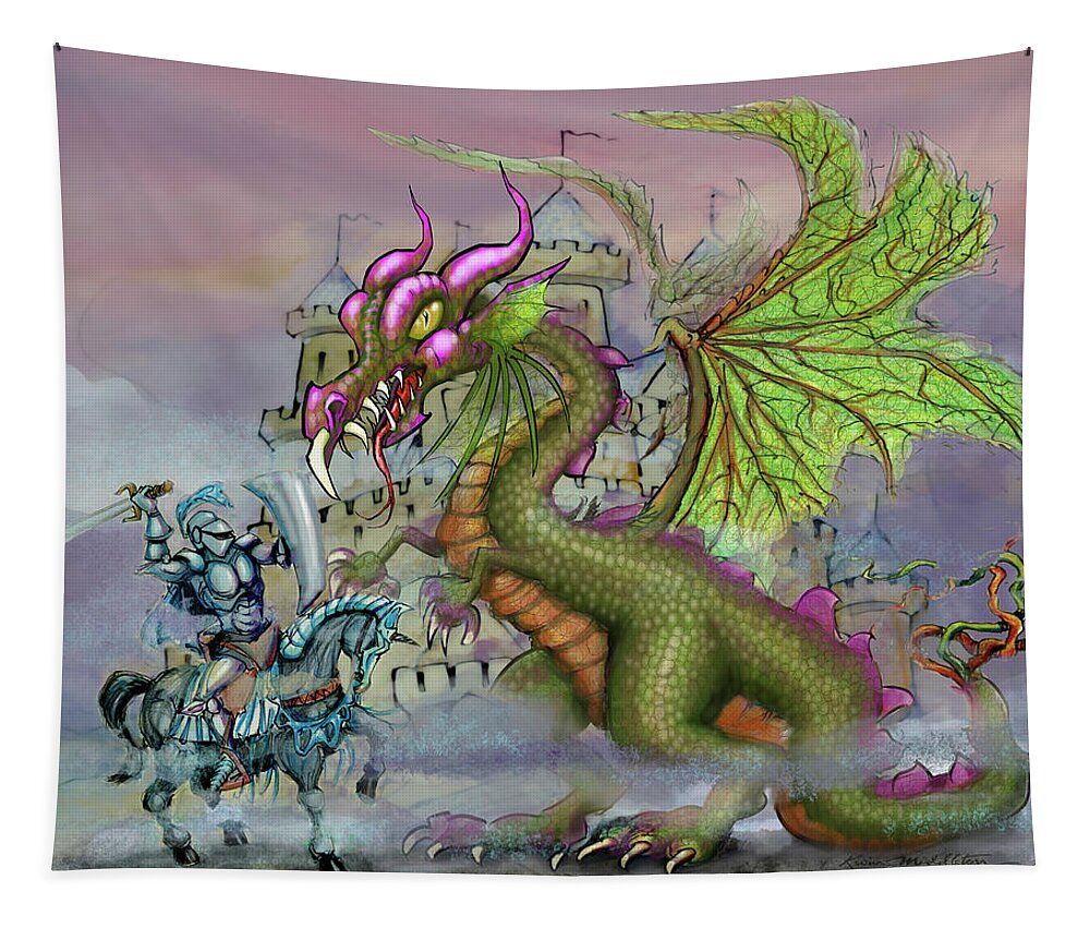Knight Tapestry featuring the digital art Knight n Dragon n Castle by Kevin Middleton