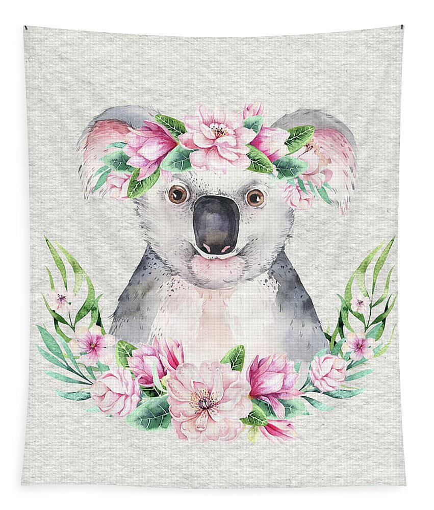 Koala Tapestry featuring the painting Koala With Flowers by Nursery Art