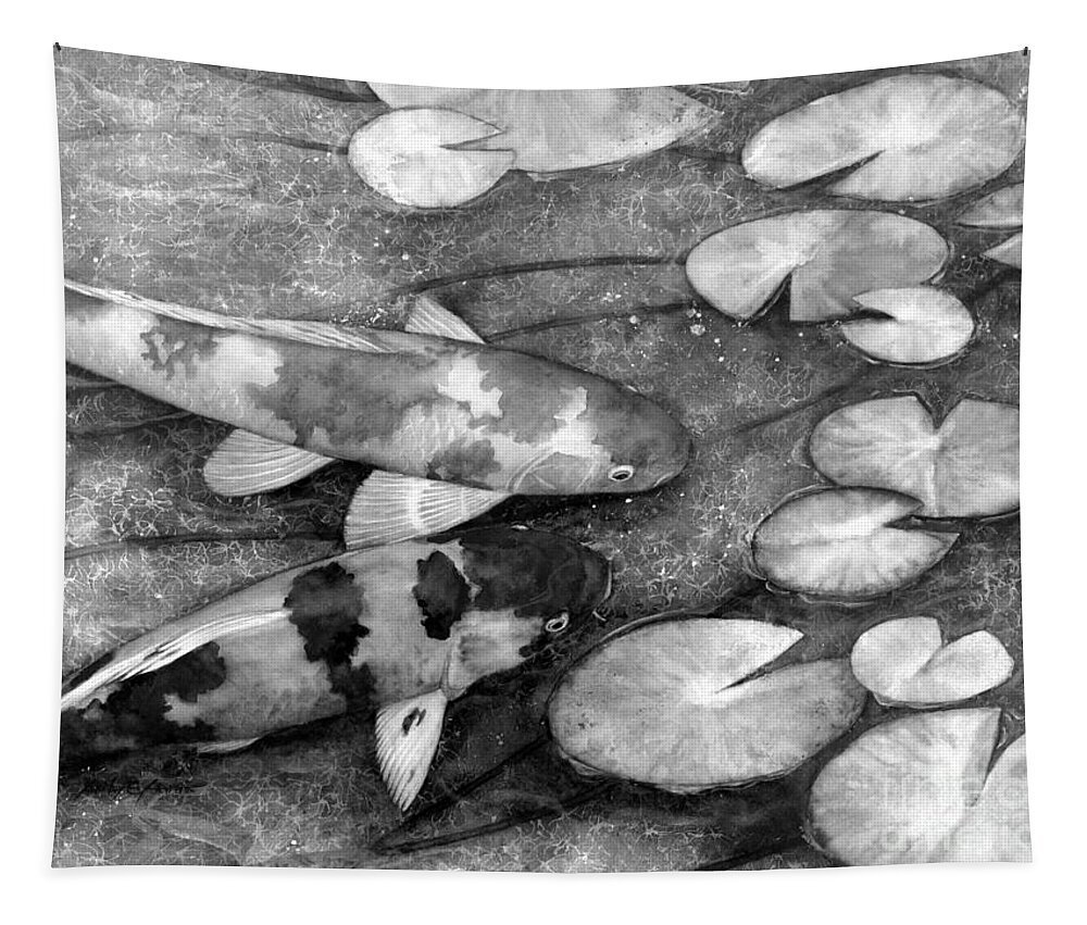 Koi Tapestry featuring the painting Koi Garden in Black and White by Hailey E Herrera