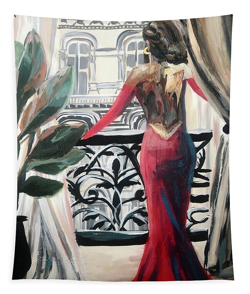 Woman Balcony European Red Red Dress Hoops Plant Fern Wrought Iron Curtains City Scape Woman Women Tapestry featuring the painting La Donna en Rossa by Meredith Palmer