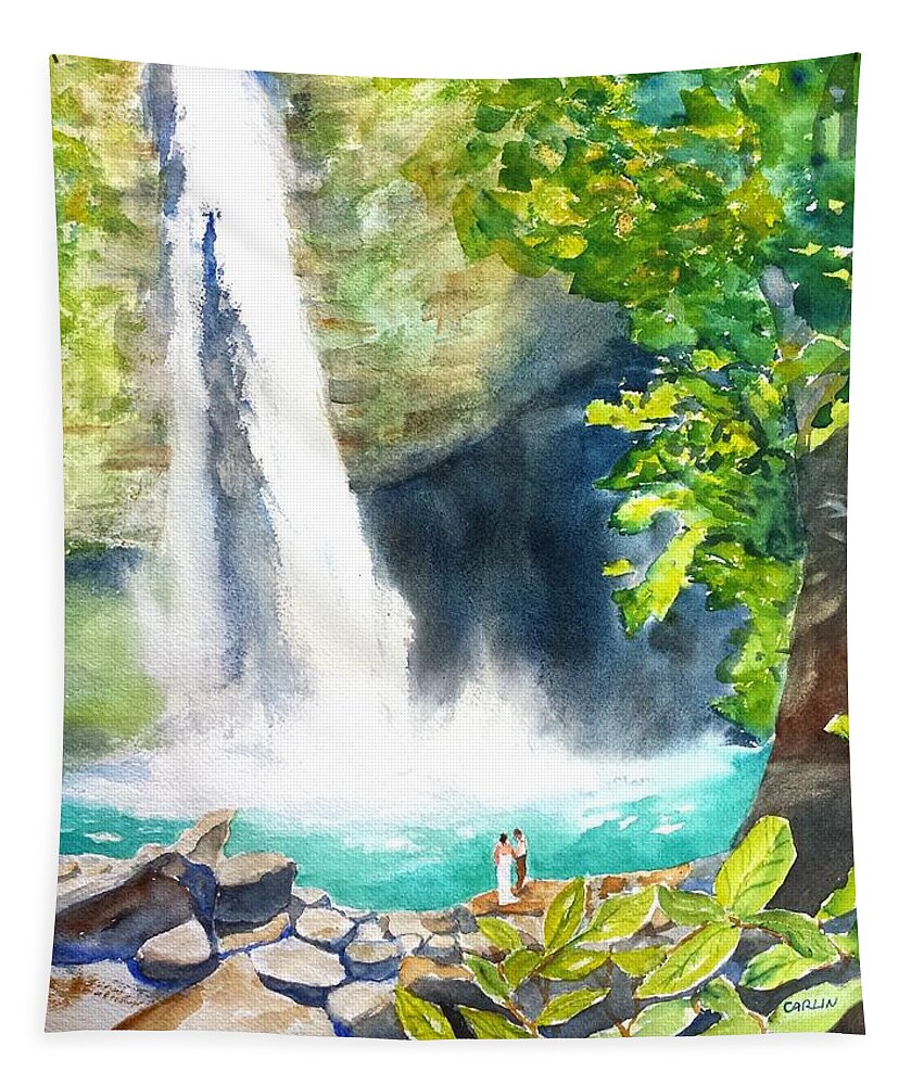 Waterfall Tapestry featuring the painting La Fortuna Waterfall by Carlin Blahnik CarlinArtWatercolor