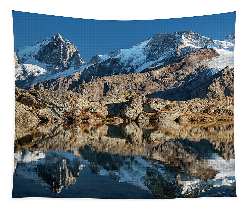 Lake Tapestry featuring the photograph La Meije peak mirrored in Lake Lerie by Olivier Parent