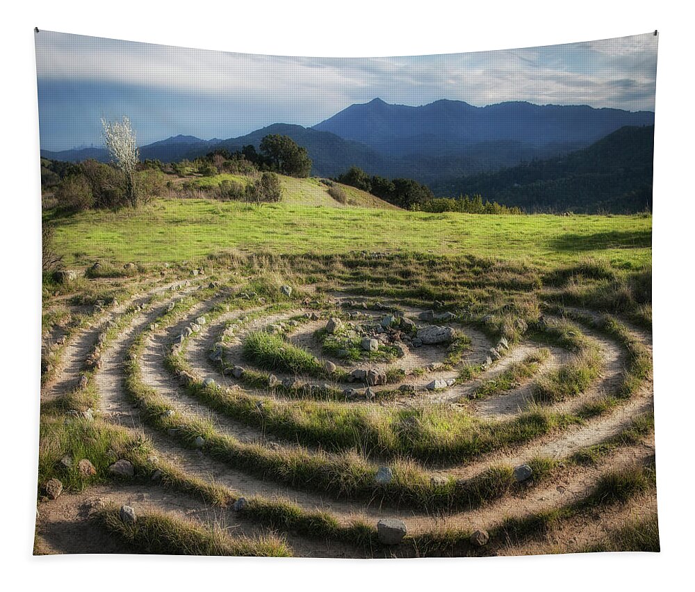 Labrynth Tapestry featuring the photograph Labrynth and Mt. Tamalpais by Donald Kinney