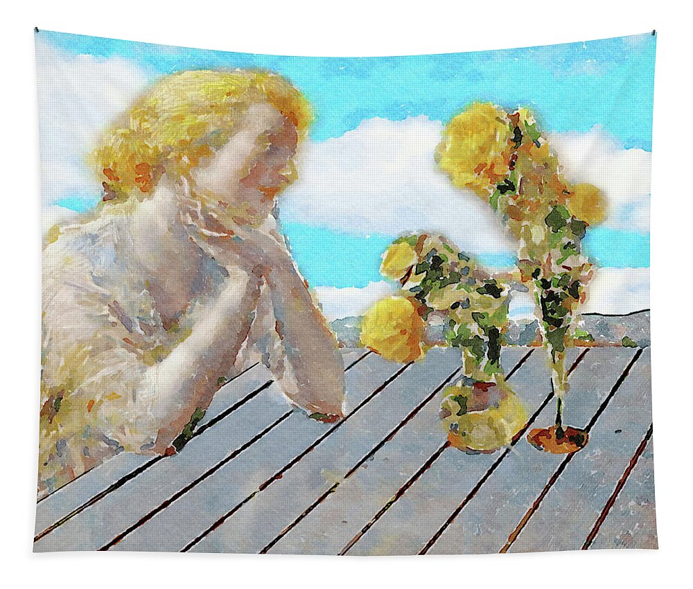 Watercolor Tapestry featuring the mixed media Lady Admiring Roses by Shelli Fitzpatrick