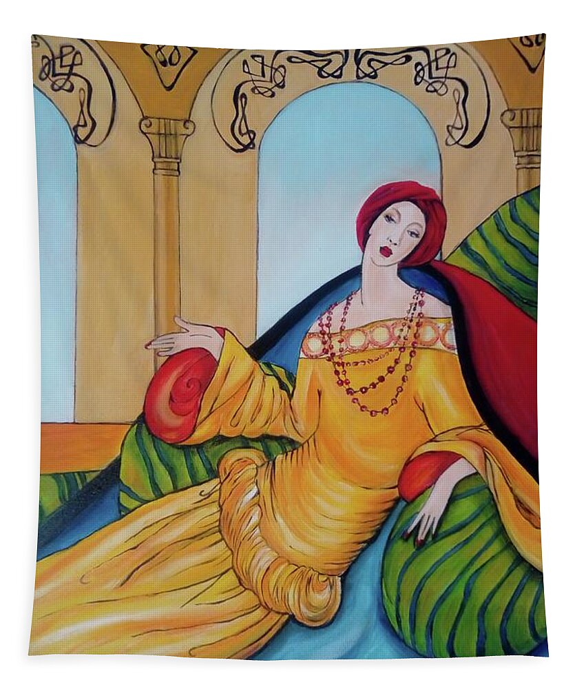 Lady Tapestry featuring the painting Lady in Pillows by Leonida Arte