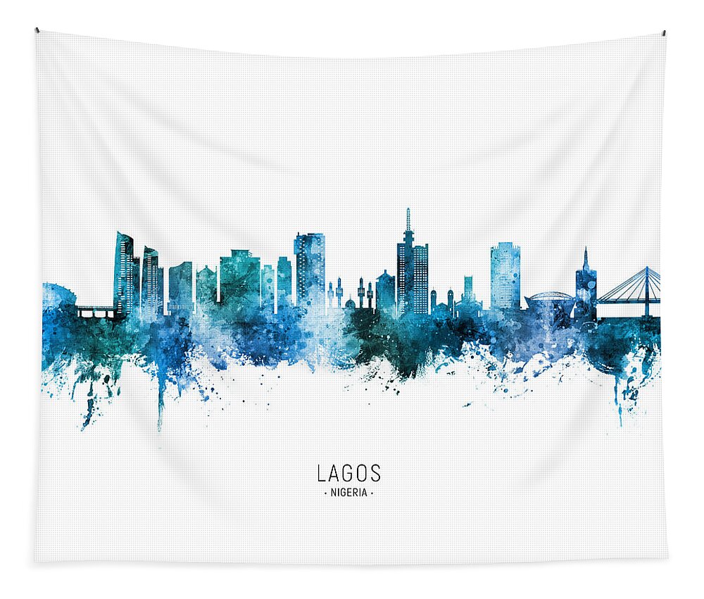 Lagos Tapestry featuring the digital art Lagos Nigeria Skyline #29 by Michael Tompsett