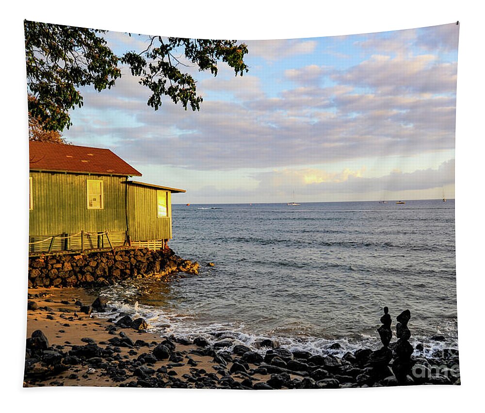 Maui Tapestry featuring the photograph Lahaina, a sleepy town on Maui, getting ready for sunset. by Gunther Allen