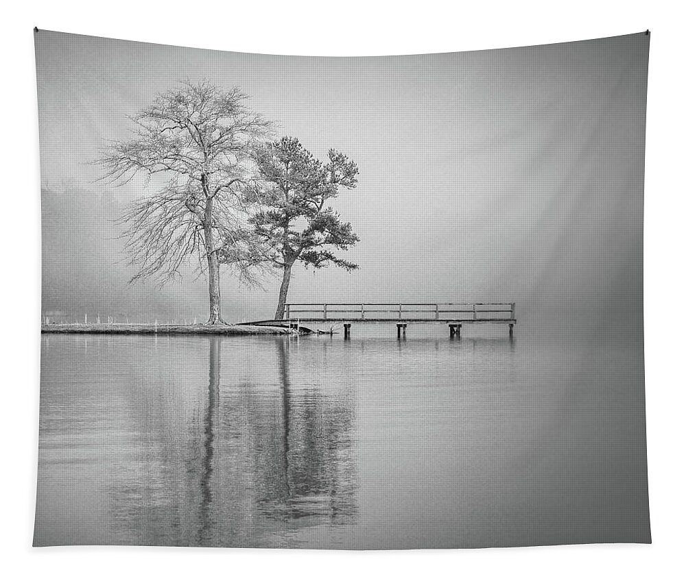 Lake Lamar Bruce Tapestry featuring the photograph Lake Lamar Bruce Fog Saltillo Mississippi Black And White by Jordan Hill