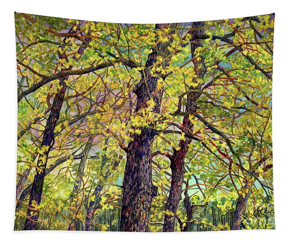 Texas Tapestry featuring the painting Lake Raven in Spring-Budding Leaves by Hailey E Herrera