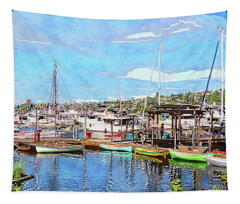 Lake Union Seattle Tapestry featuring the digital art Lake Union Marina by SnapHappy Photos