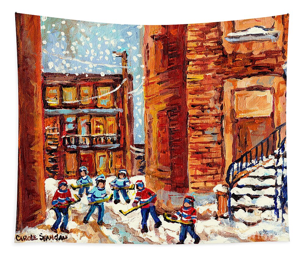  Tapestry featuring the painting Laneway Street Hockey Game Kids Winter Fun Snow Falling Montreal Art Scene C Spandau Canadian Artist by Carole Spandau