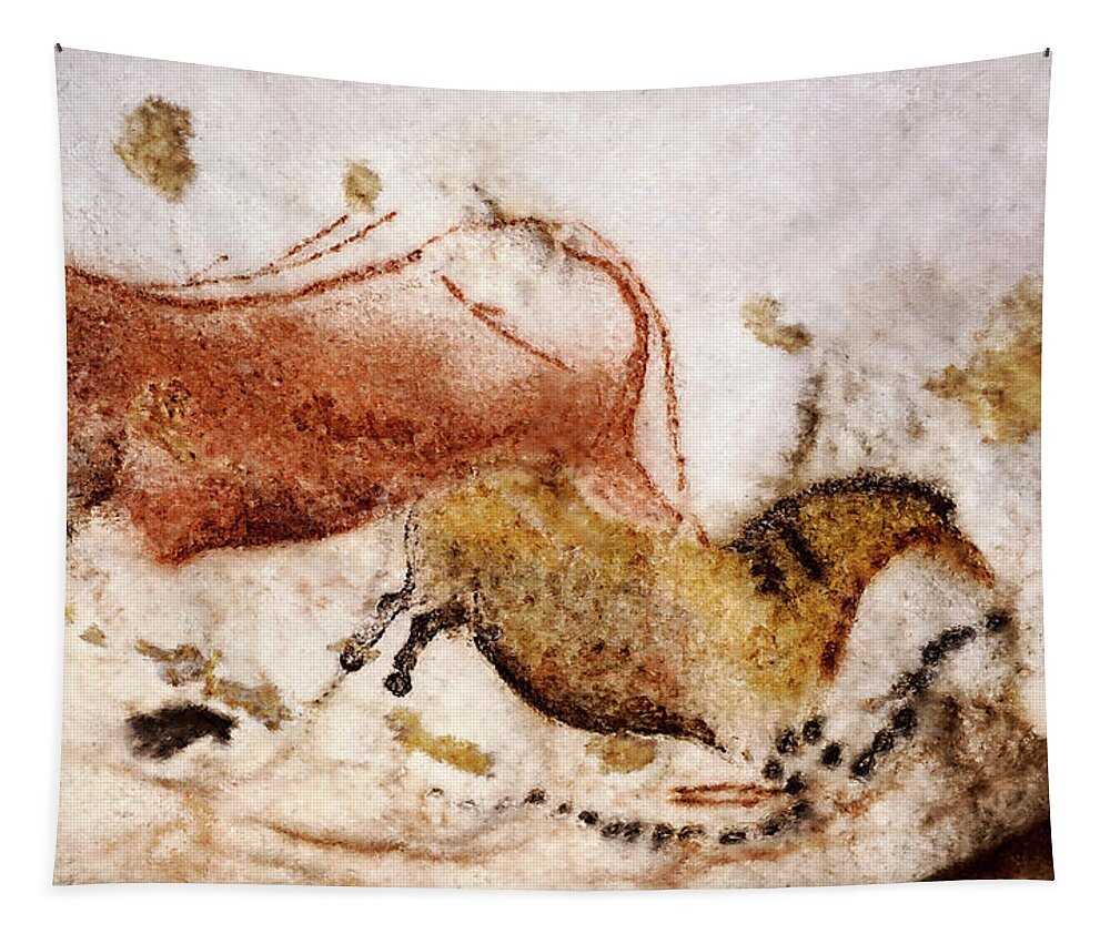 Lascaux Tapestry featuring the digital art Lascaux Cow and Horse by Weston Westmoreland