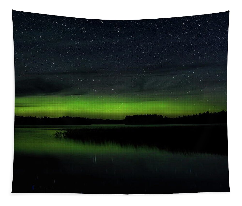 Aurora Borealis Tapestry featuring the photograph Late Summer Aurora Over Gilmore Lake by Dale Kauzlaric