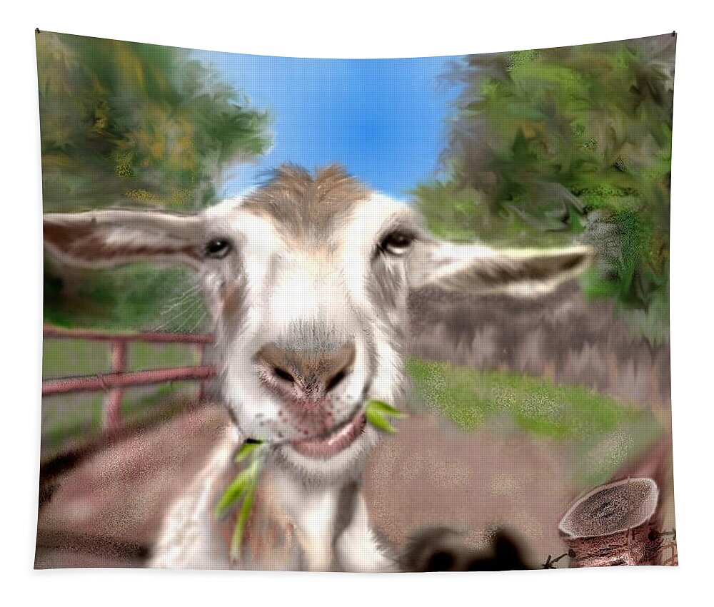 Goat Chewing Country Funny Goat Pencil Sketched Digitally Colored Tapestry featuring the mixed media Le Goat by Pamela Calhoun