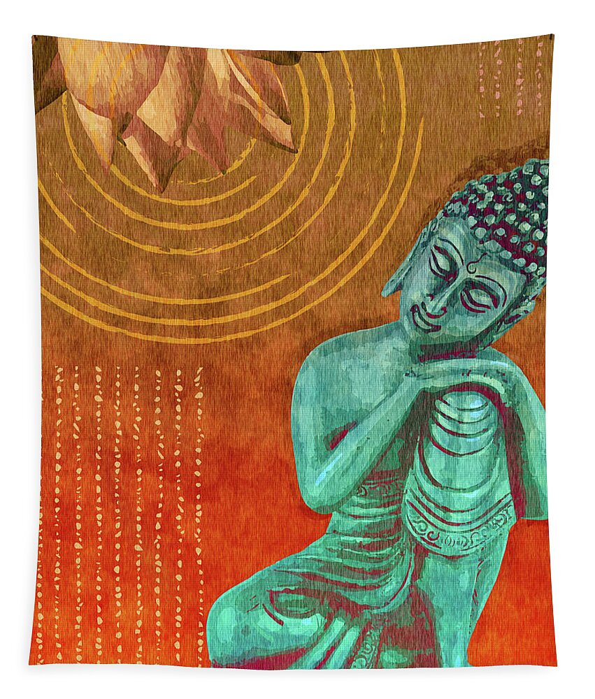 Buddha Tapestry featuring the mixed media Leaning Buddha - Reclining Buddha 02 - Orange by Studio Grafiikka