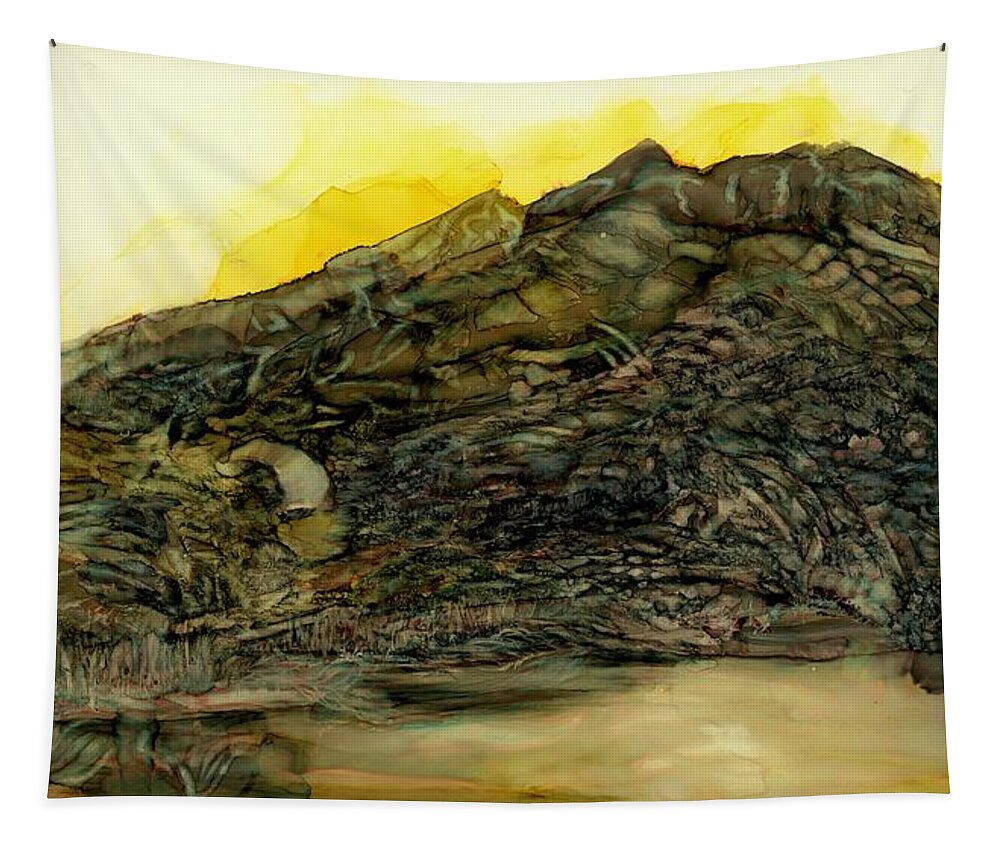 Mountain Tapestry featuring the painting Learning patience at the tarn by Angela Marinari