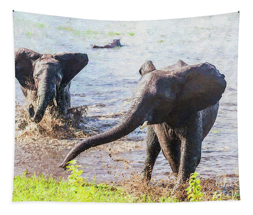African Elephant Tapestry featuring the digital art Leaving the River by Liz Leyden