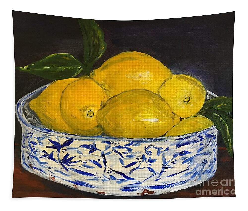 Lemons Tapestry featuring the painting Lemons - A Still Life by Debora Sanders