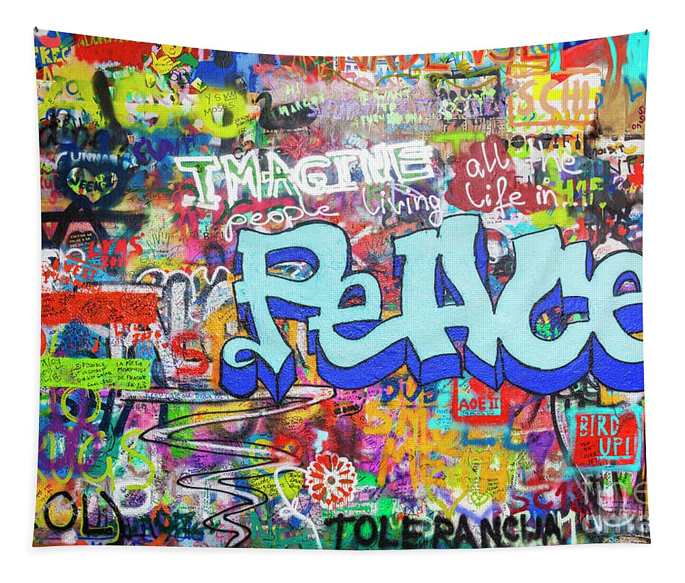 John Lennon Peace Wall Tapestry featuring the photograph Lennon wall graffiti, Prague by Neale And Judith Clark