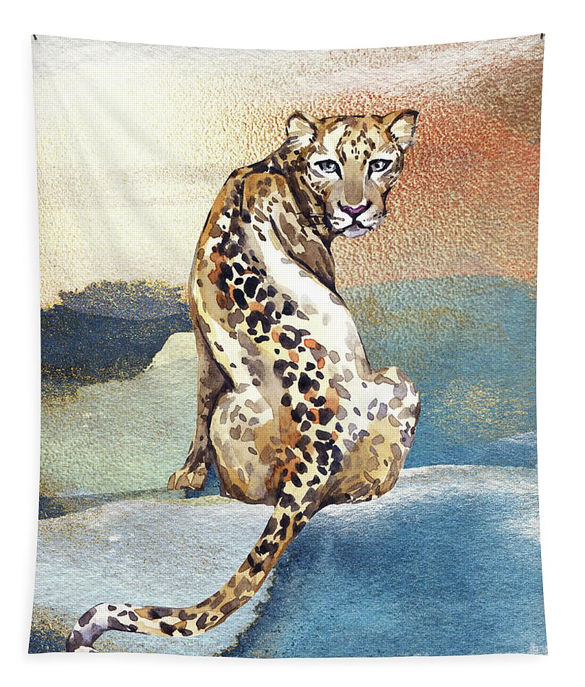 Leopard Tapestry featuring the painting Leopard Watercolor Animal Art Painting by Garden Of Delights