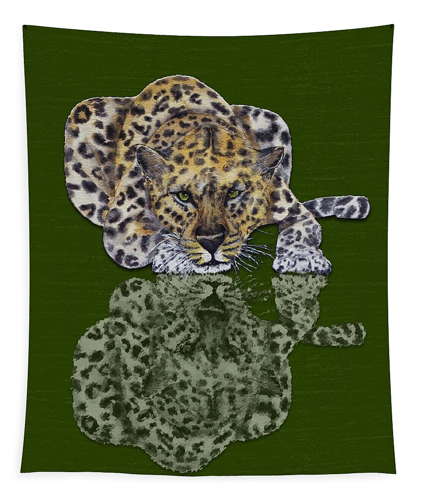 Leopard Tapestry featuring the mixed media Leopard's Reflection by Kelly Mills