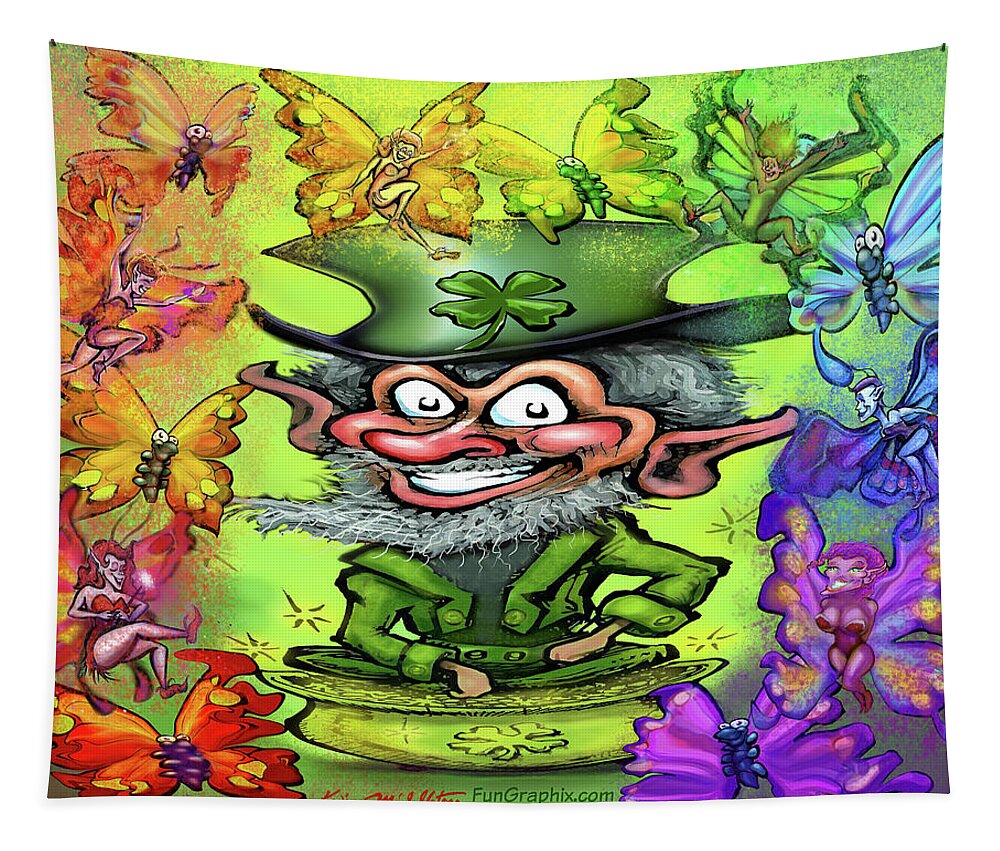 Leprechaun Tapestry featuring the digital art Leprechaun with Rainbow of Pixies by Kevin Middleton