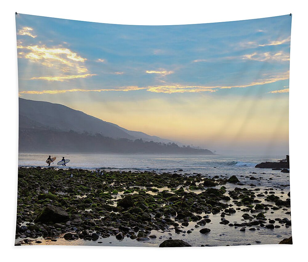 Beach Sunrise Tapestry featuring the photograph Let's Go Surfing by Matthew DeGrushe