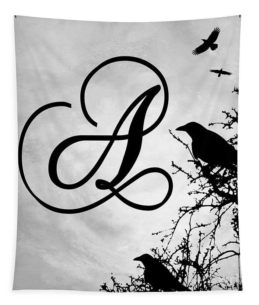 Letter A Tapestry featuring the mixed media Letter A Design 43 Crow Birds by Lucie Dumas