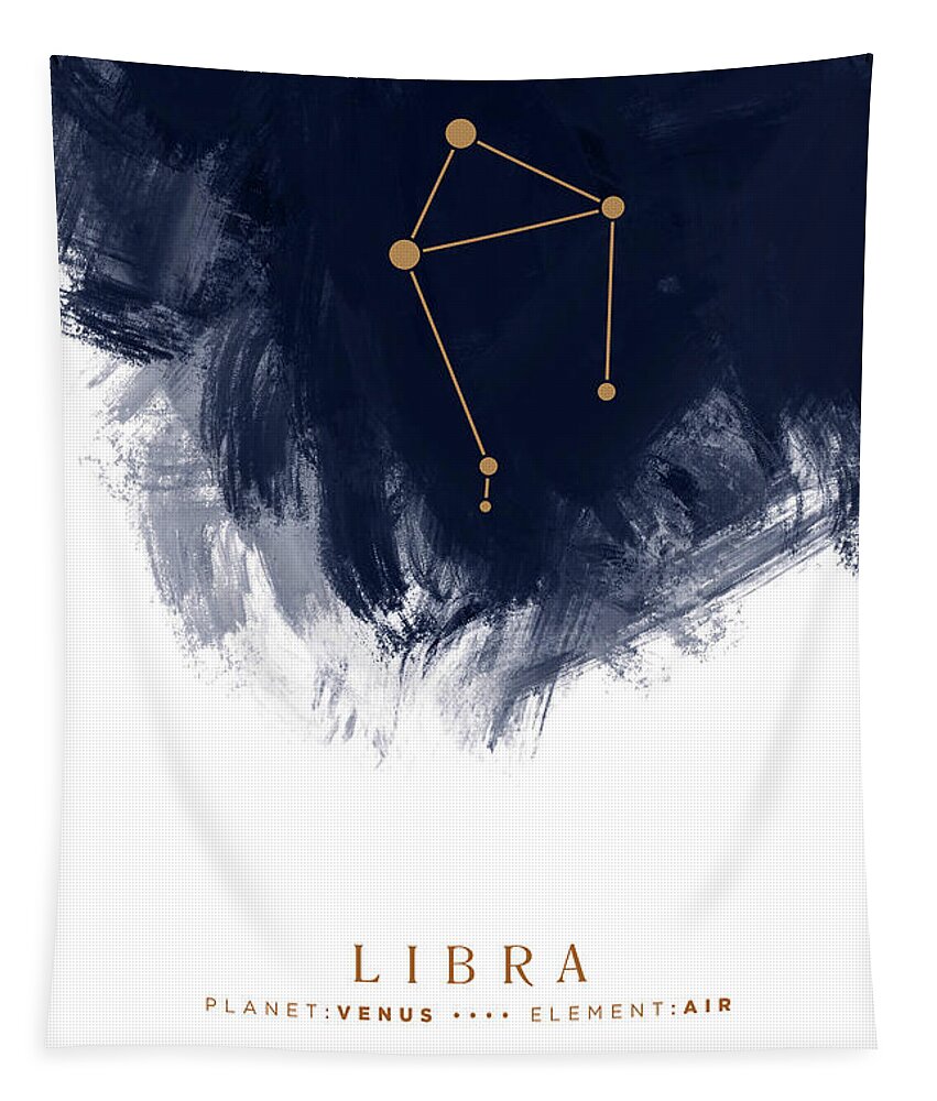 Libra Tapestry featuring the mixed media Libra Zodiac Sign - Minimal Print - Zodiac, Constellation, Astrology, Good Luck, Night Sky - Blue by Studio Grafiikka