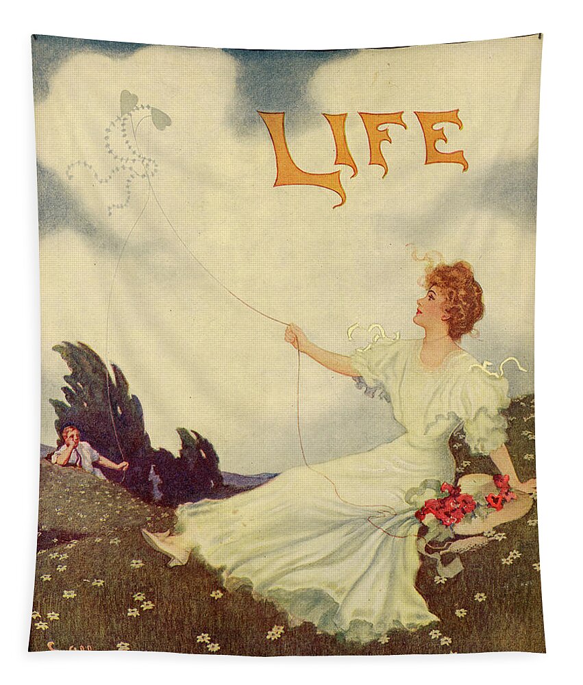 Woman Flying Kite Tapestry featuring the mixed media Life Magazine Cover, August 1, 1907 by C Allan Gilbert