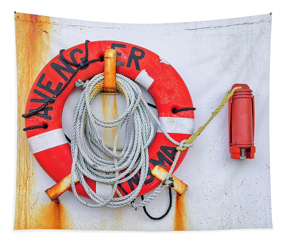 Nautical Detail Tapestry featuring the photograph Lifebuoy at the New Bedford harbor by Juergen Roth