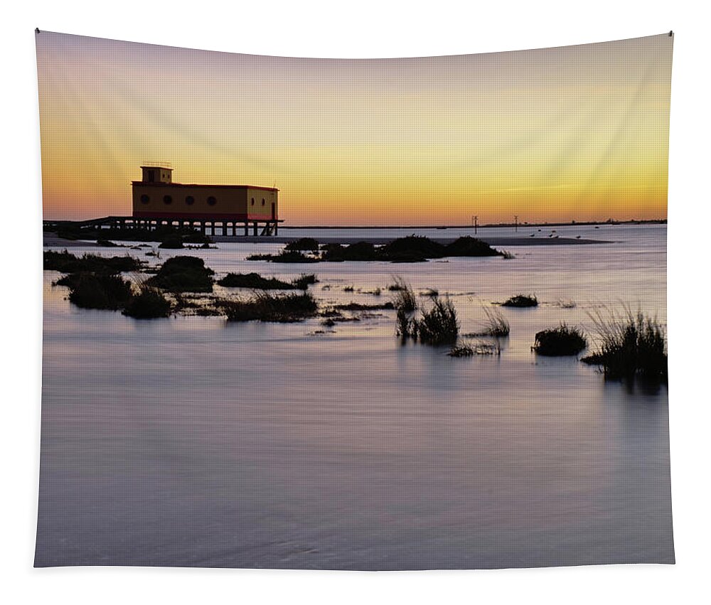 Algarve Tapestry featuring the photograph Lifesavers building at dusk in Fuzeta. Portugal by Angelo DeVal