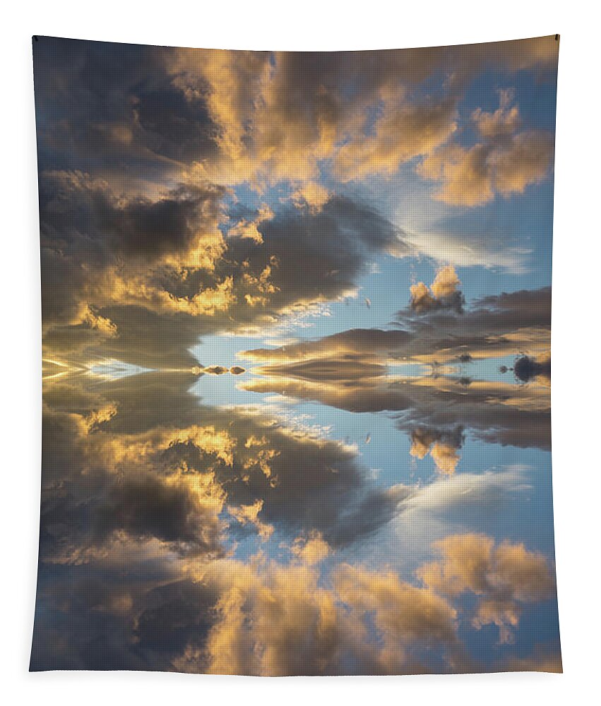 Heaven Tapestry featuring the digital art Light and golden clouds in the blue sky by Adriana Mueller