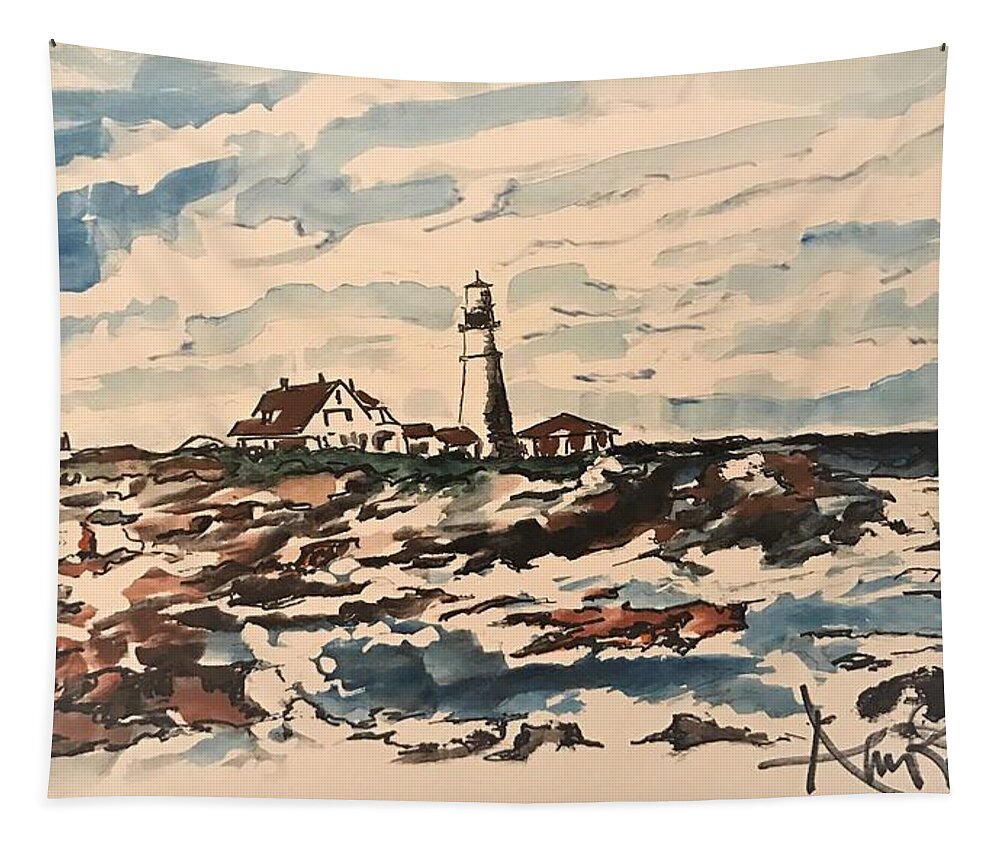  Tapestry featuring the painting Lighthouse by Angie ONeal