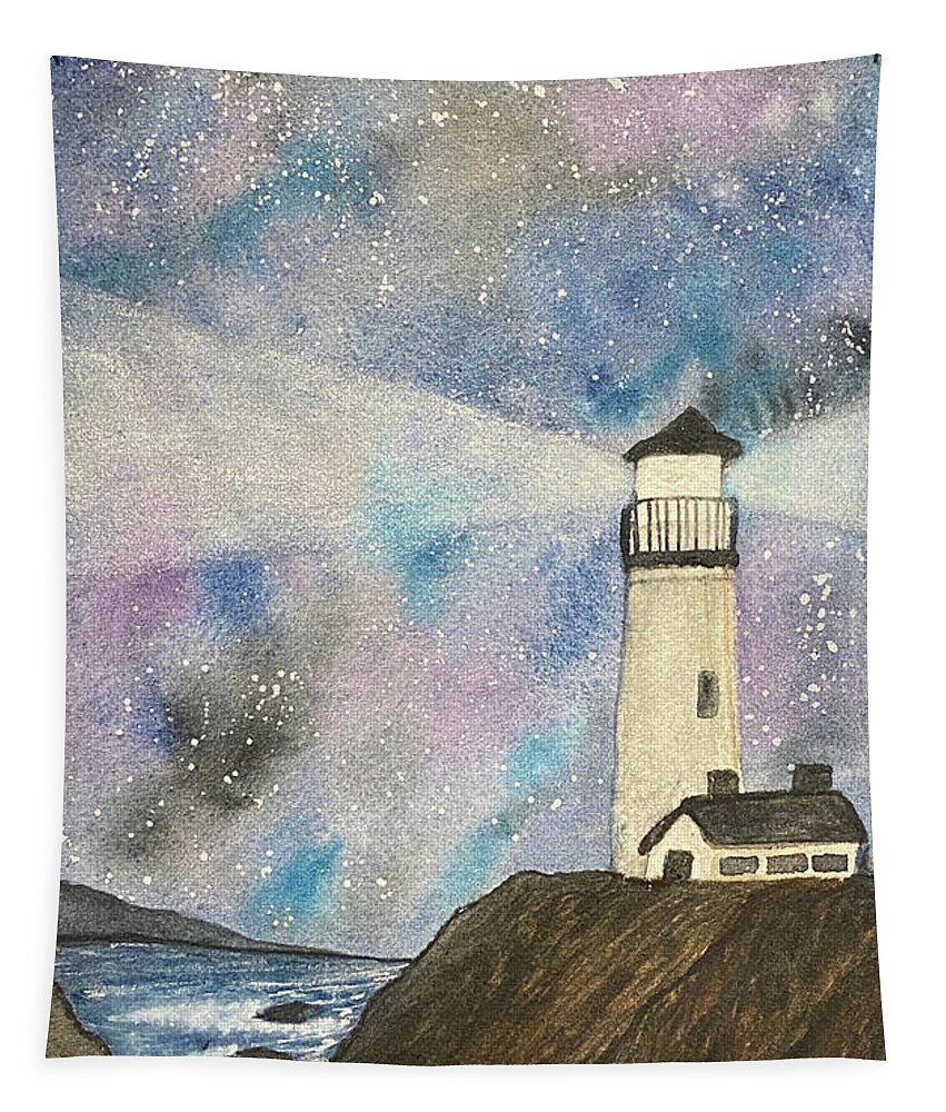 Lighthouse Tapestry featuring the painting Lighthouse at Night by Lisa Neuman