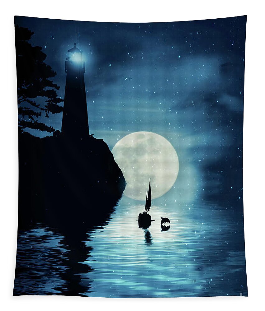 Sailboat Tapestry featuring the photograph Lighthouse Sailboat Dolphin and Moon Whimsical Coastal by Stephanie Laird