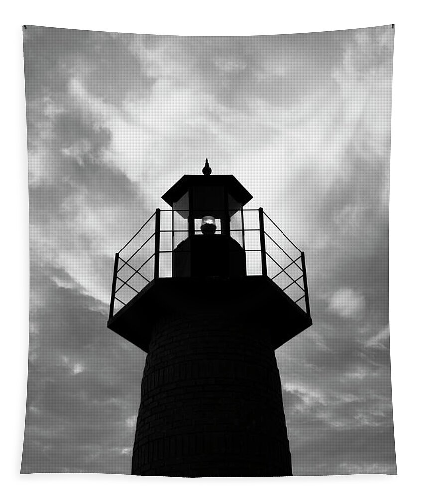 Lighthouse Tapestry featuring the photograph Lighthouse Sunset in Black and White by Carolyn Hutchins