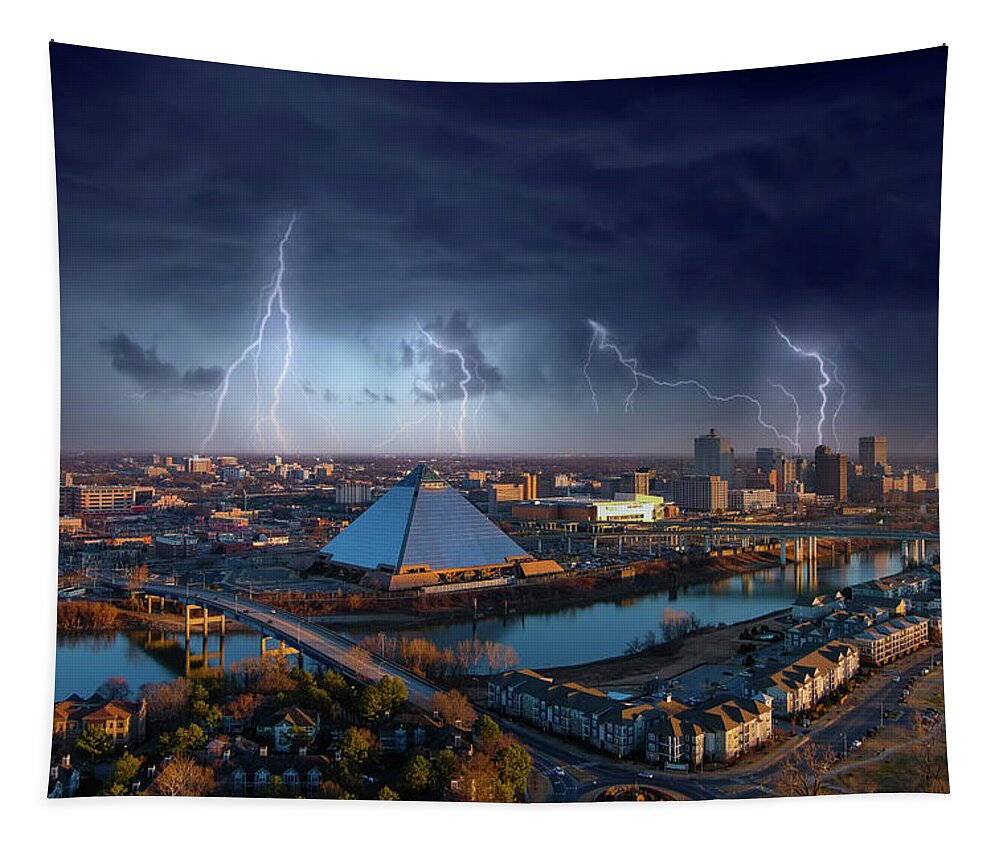 Tennessee Tapestry featuring the photograph Lightning Over the Pyramid in Memphis by Marcus Jones