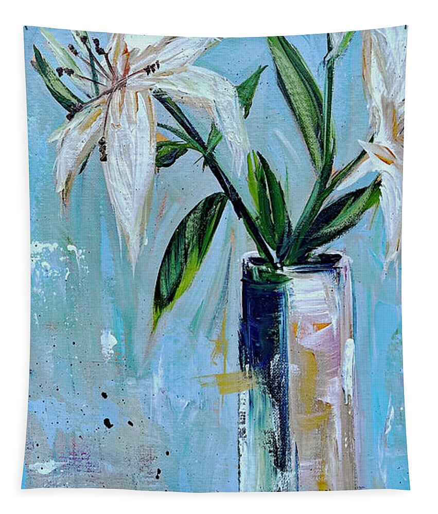 Lilies Tapestry featuring the painting Lilies in a Vase by Roxy Rich