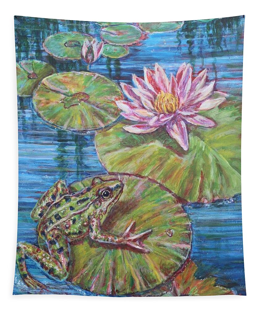 Lily Pad Flower Tapestry featuring the painting Lily Pad Frog by Veronica Cassell vaz