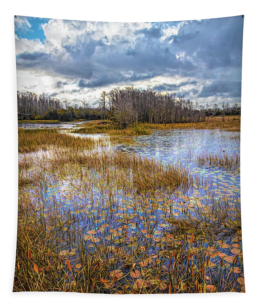 Marsh Tapestry featuring the photograph Lilypads in the Autumn Marsh Waters by Debra and Dave Vanderlaan