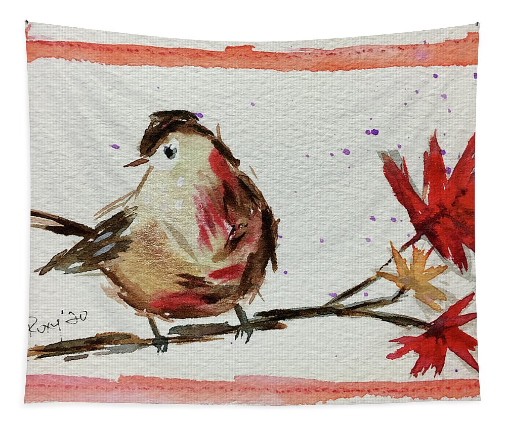 Grand Tit Tapestry featuring the painting Lincolns Sparrow on a Maple Branch by Roxy Rich
