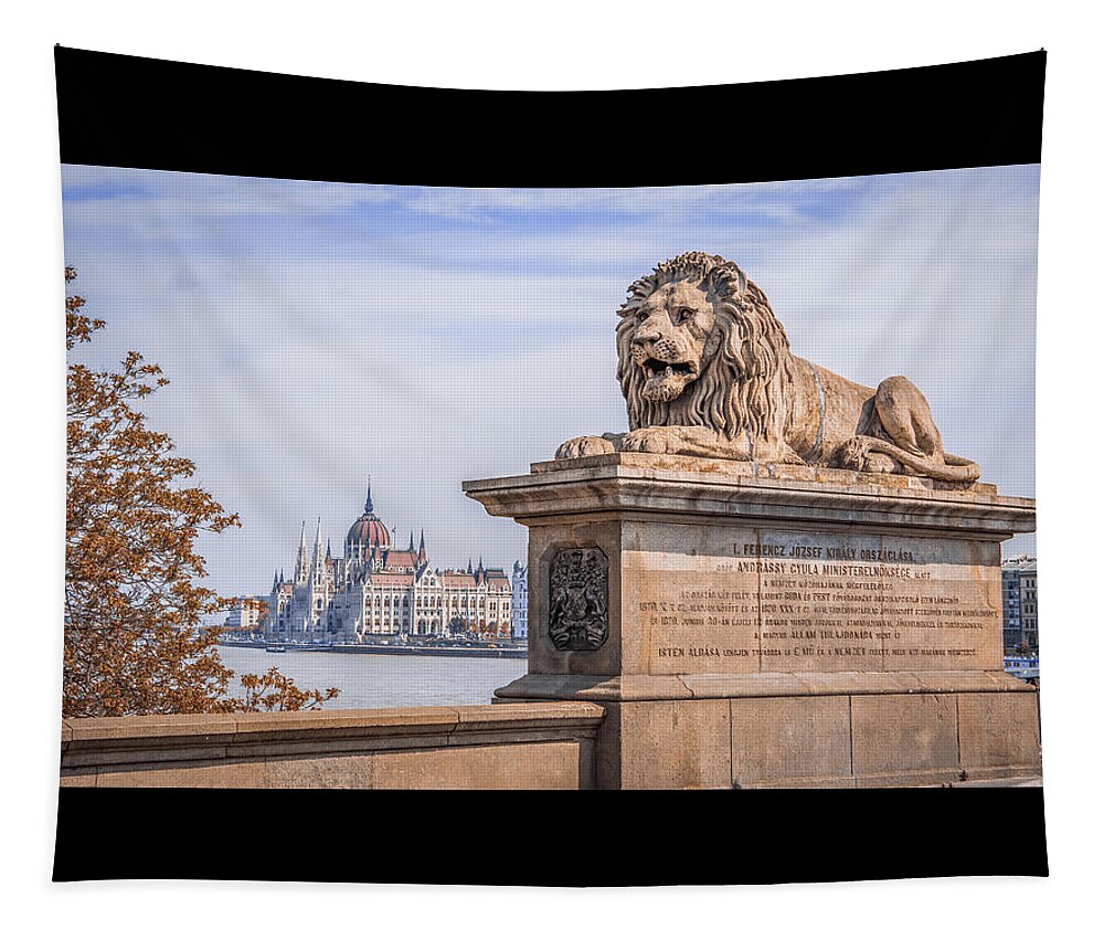 Architecture Tapestry featuring the digital art Lion of Budapest by Kevin McClish