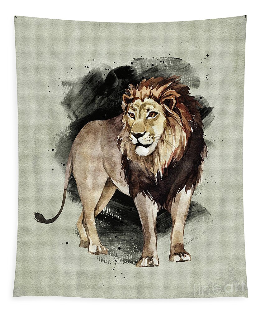 Lion Tapestry featuring the painting Lion Watercolor Animal Art Painting by Garden Of Delights
