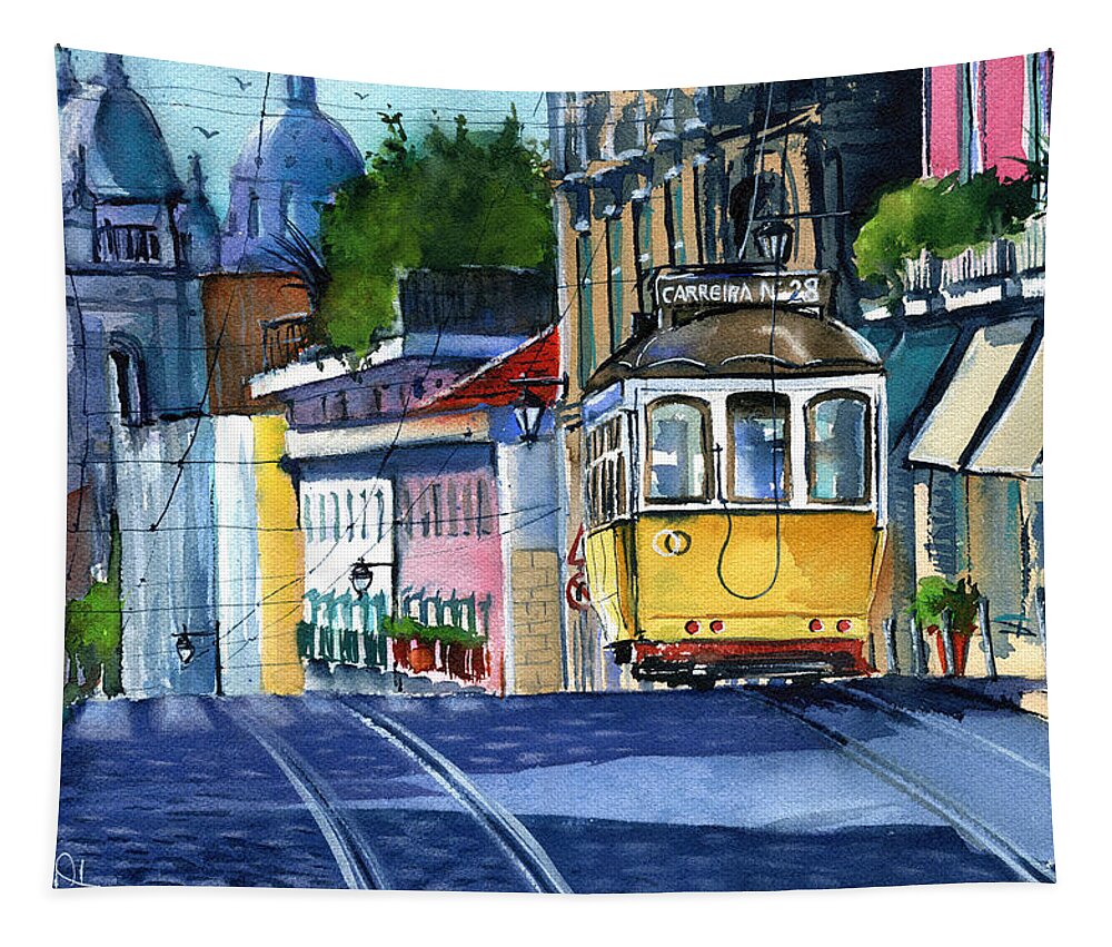 Portugal Tapestry featuring the painting Lisbon Yellow Tram 28 by Dora Hathazi Mendes
