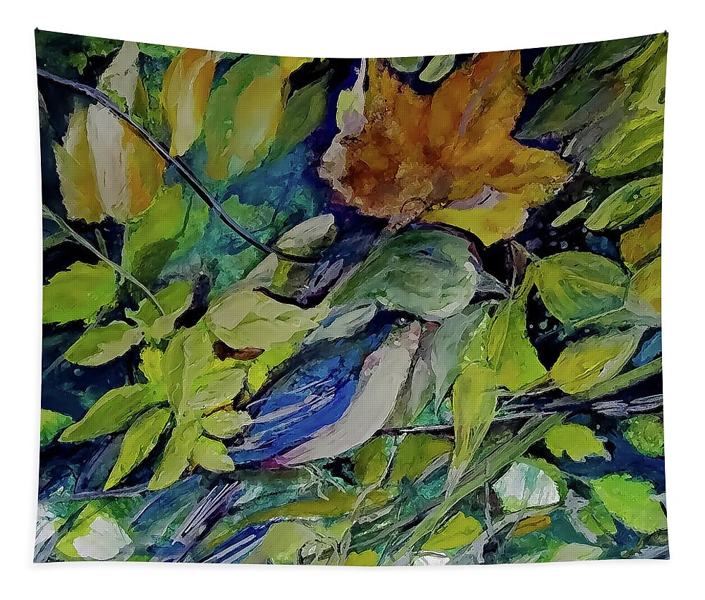 Watercolor Tapestry featuring the painting Little Bird In The Woodland Area Thicket by Lisa Kaiser