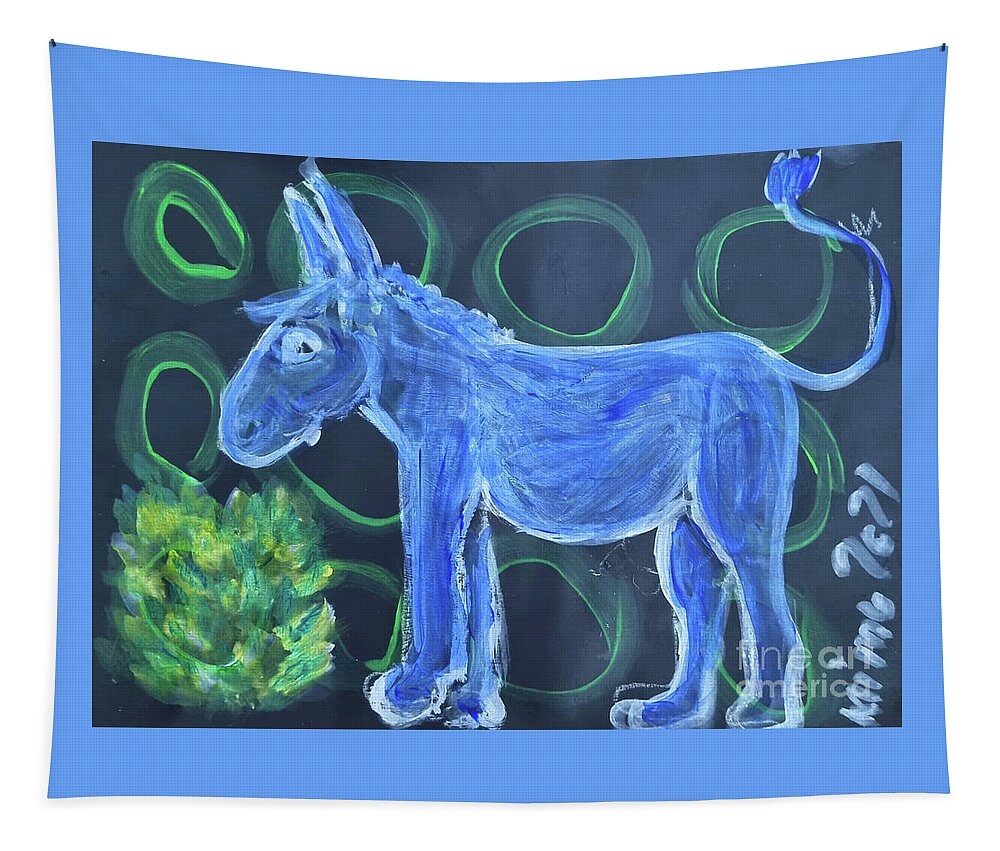 Donkey Tapestry featuring the painting Little Blue Donkey by Mimulux Patricia No